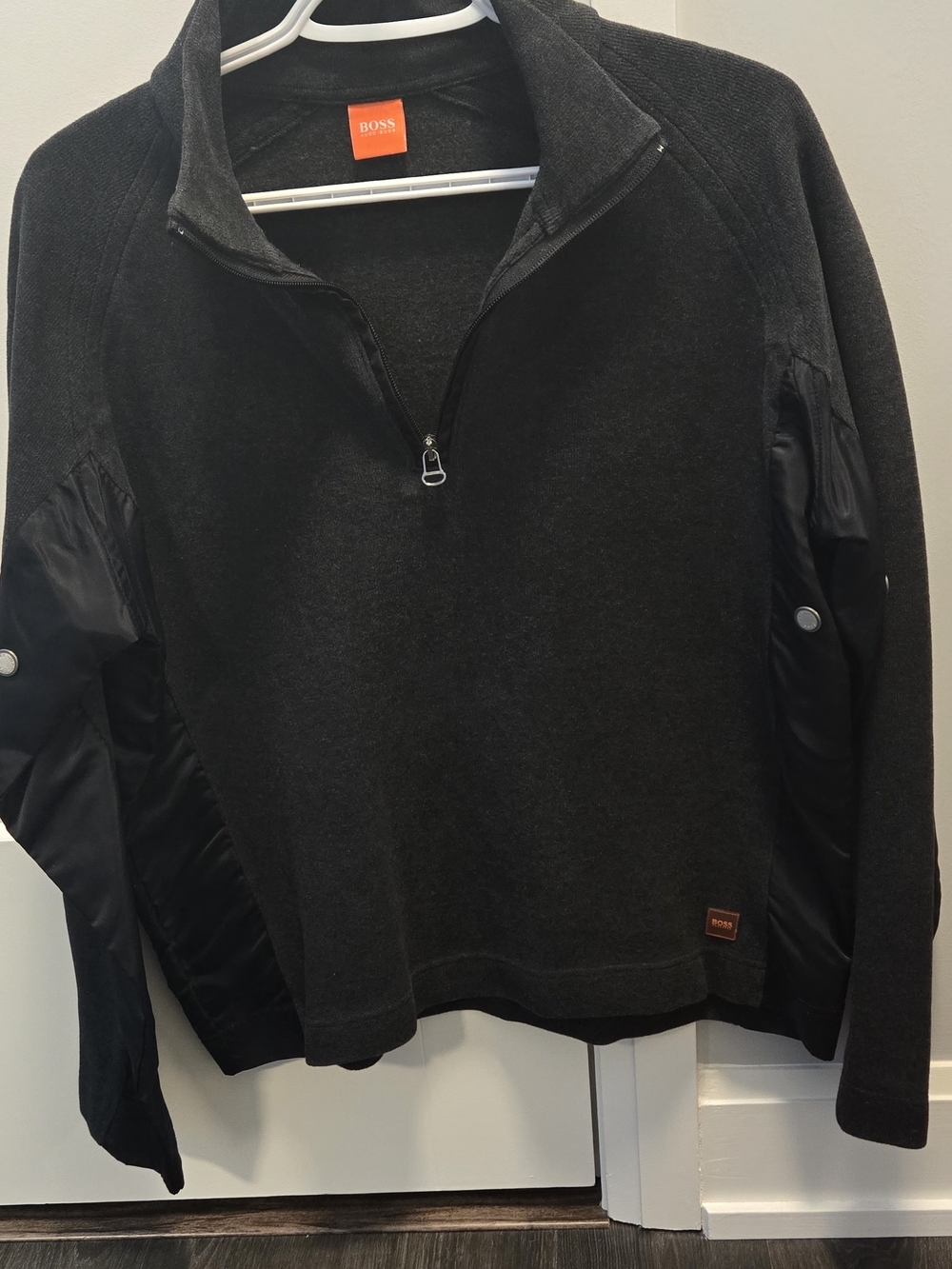 BOSS Hugo Boss Men's Black Half-Zip Sweater with Contrast Sleeve Panels